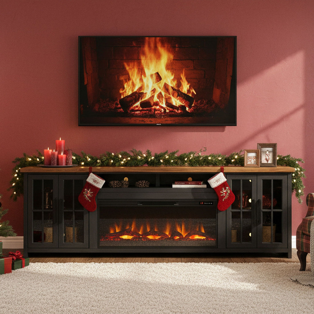 Essex - Fireplace TV Stand Console For TVs Up To 100&quot; - Black, Whiskey