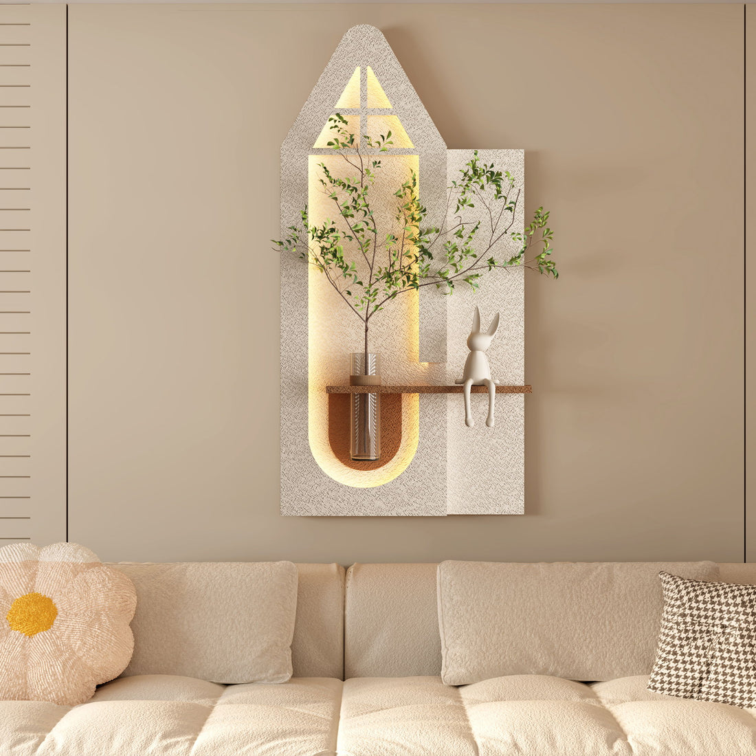Adjustable 3 Color LED Sandstone Wall Decor With Simulated Plants, Glass Vase &amp; Rabbit Statue - Light Coffee
