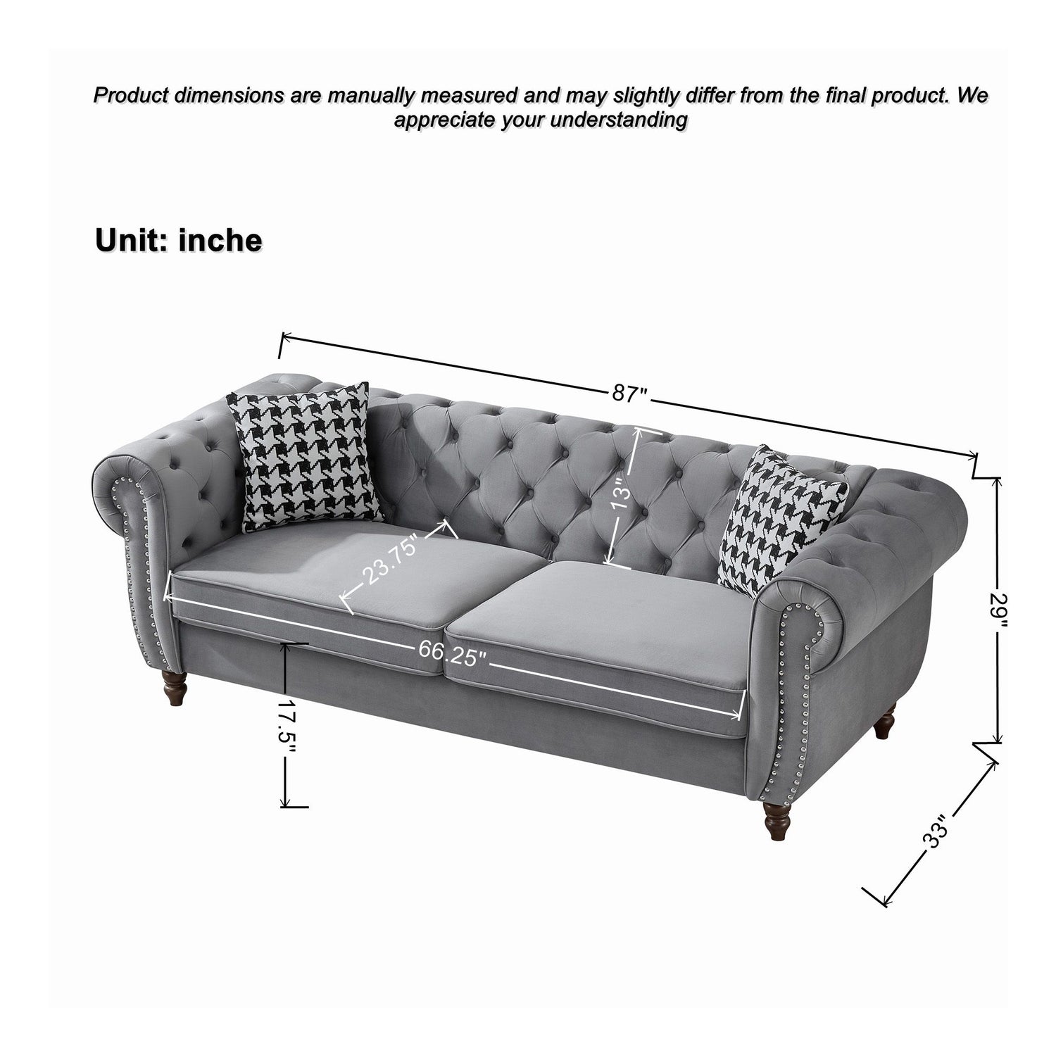 Chesterfield Upholstery Fabric Sofa With Roll Armrest &amp; Nailhead, Mid Century Modern 3 And 3 Seater Couch