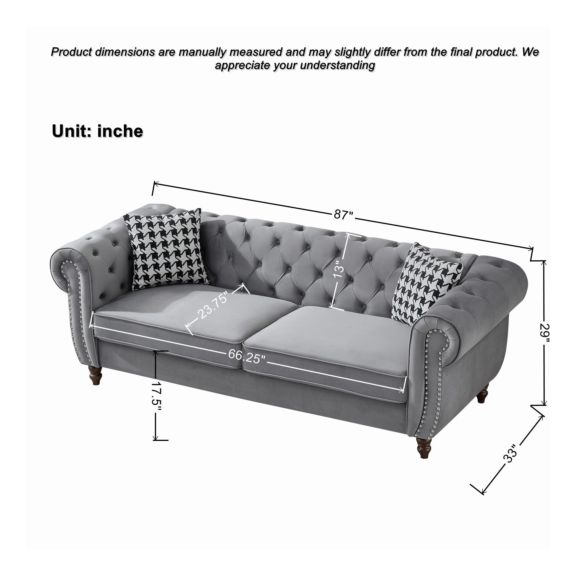 Chesterfield Upholstery Fabric Sofa With Roll Armrest &amp; Nailhead, Mid Century Modern 3 And 3 Seater Couch
