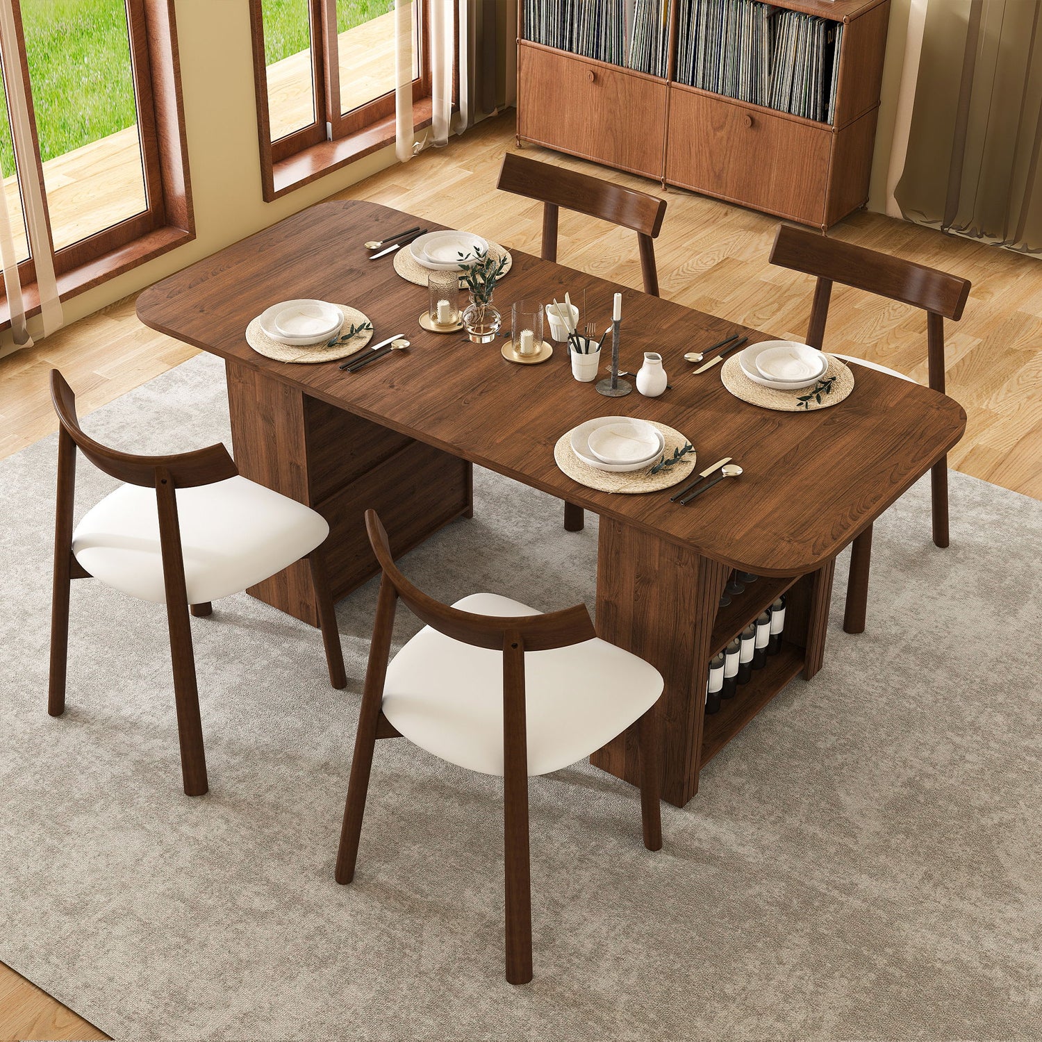 Dining Set With 4 Chairs, Table With Drawers &amp; Open Shelf - Walnut