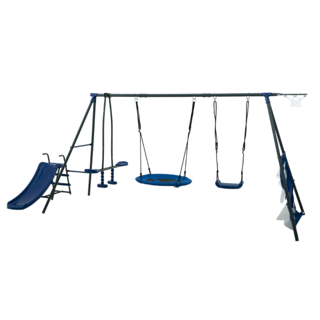 Interesting Six Function Swingset With Net Swing Metal Plastic Safe Swing Set 440Lbs For Outdoor Playground For Age 3+ With 31.5&quot; Net Swing - Gray / Blue