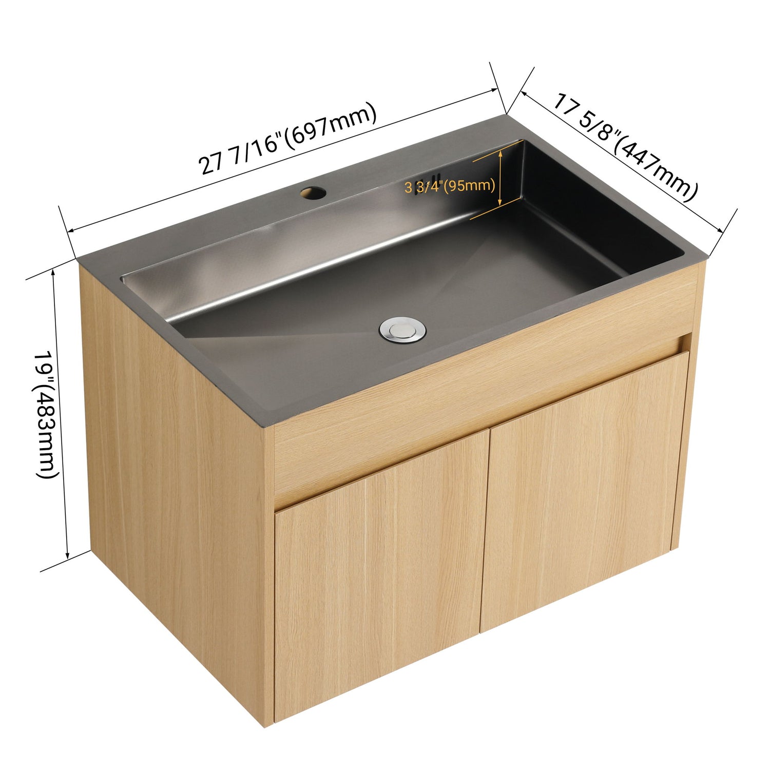 28" Wall Mounted Bathroom Vanity With Stainless Steel Sink, Soft Close Doors - Oak