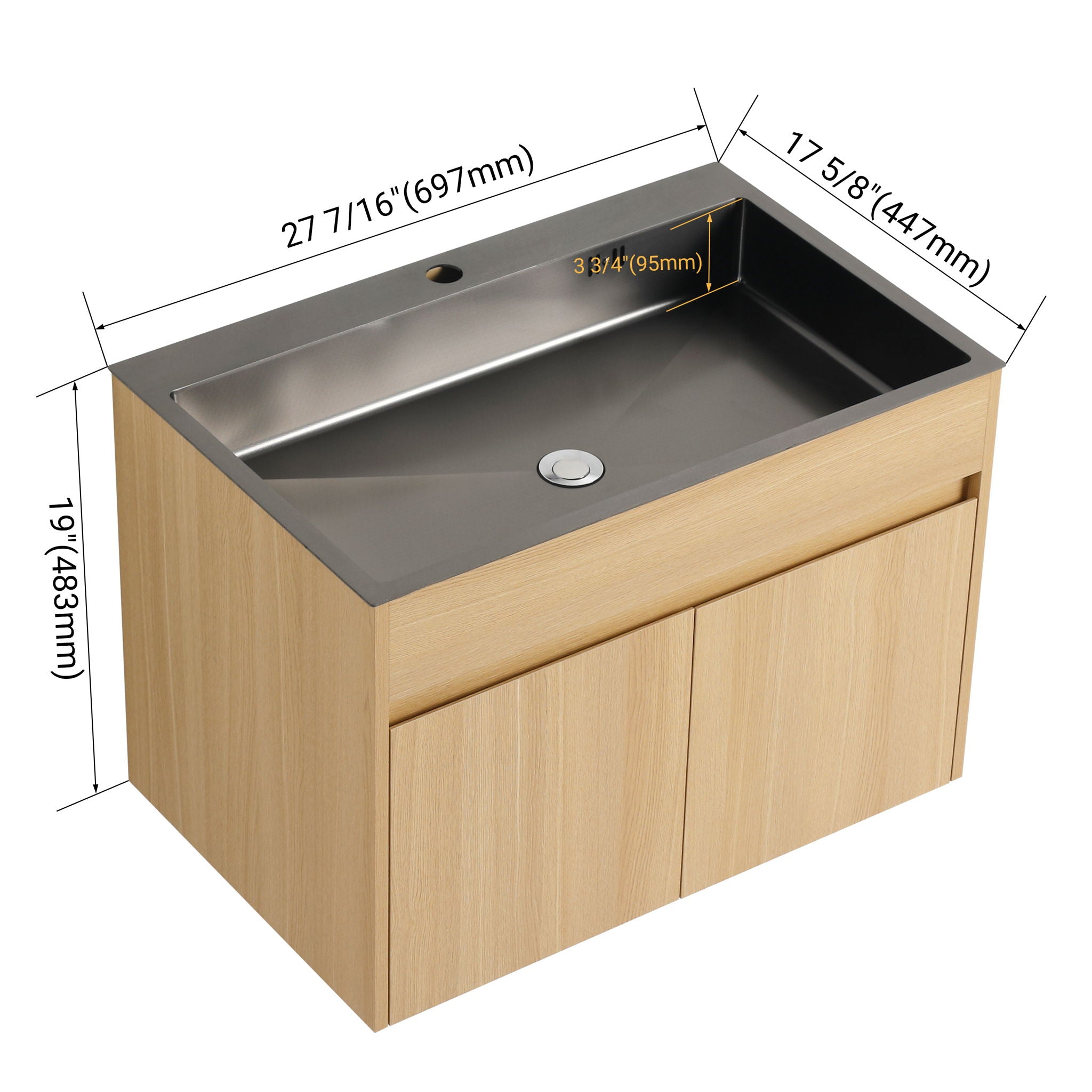28" Wall Mounted Bathroom Vanity With Stainless Steel Sink, Soft Close Doors - Oak