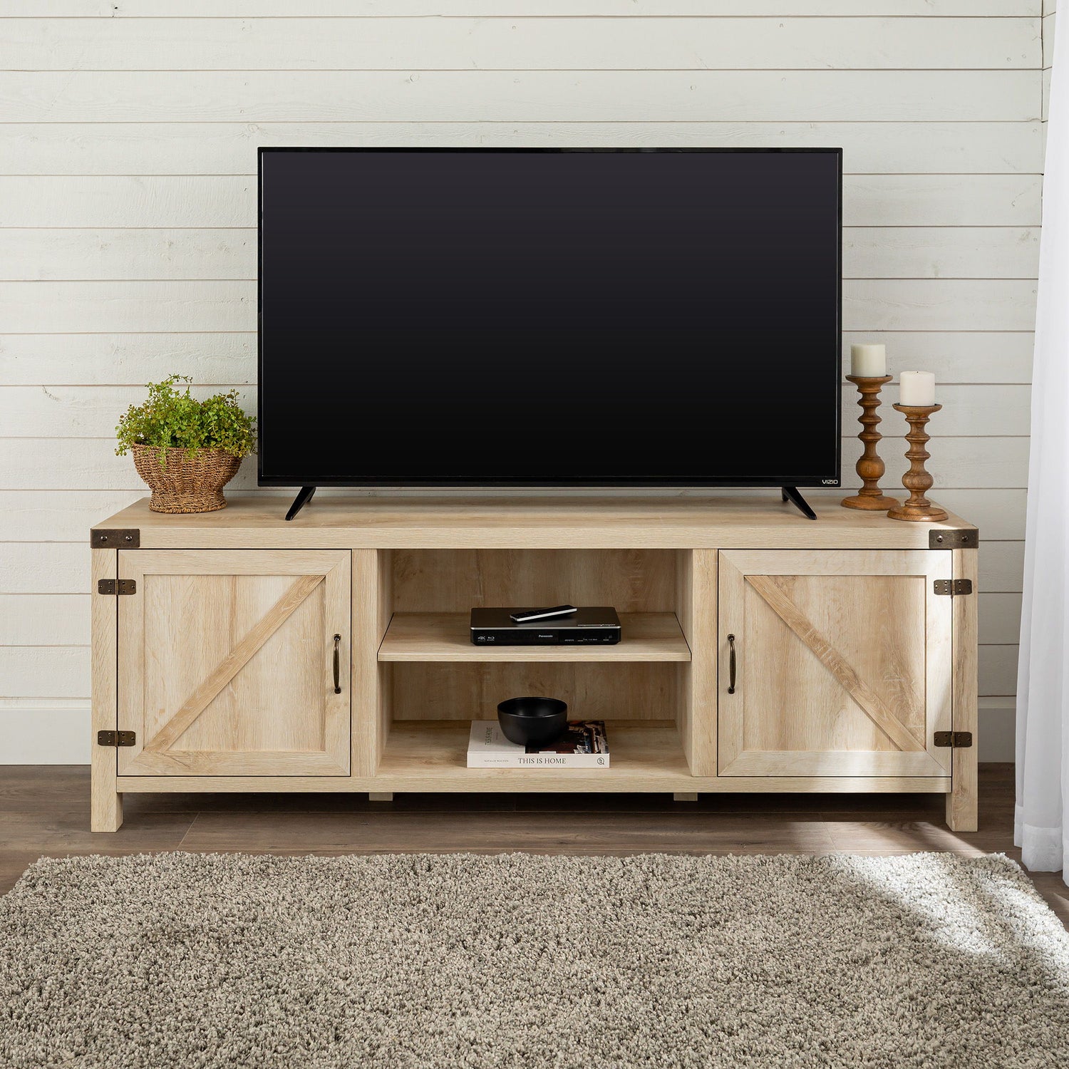 Rustic Farmhouse Double Barn Door 70&quot; TV Stand For 80&quot; TVs With Center Shelves