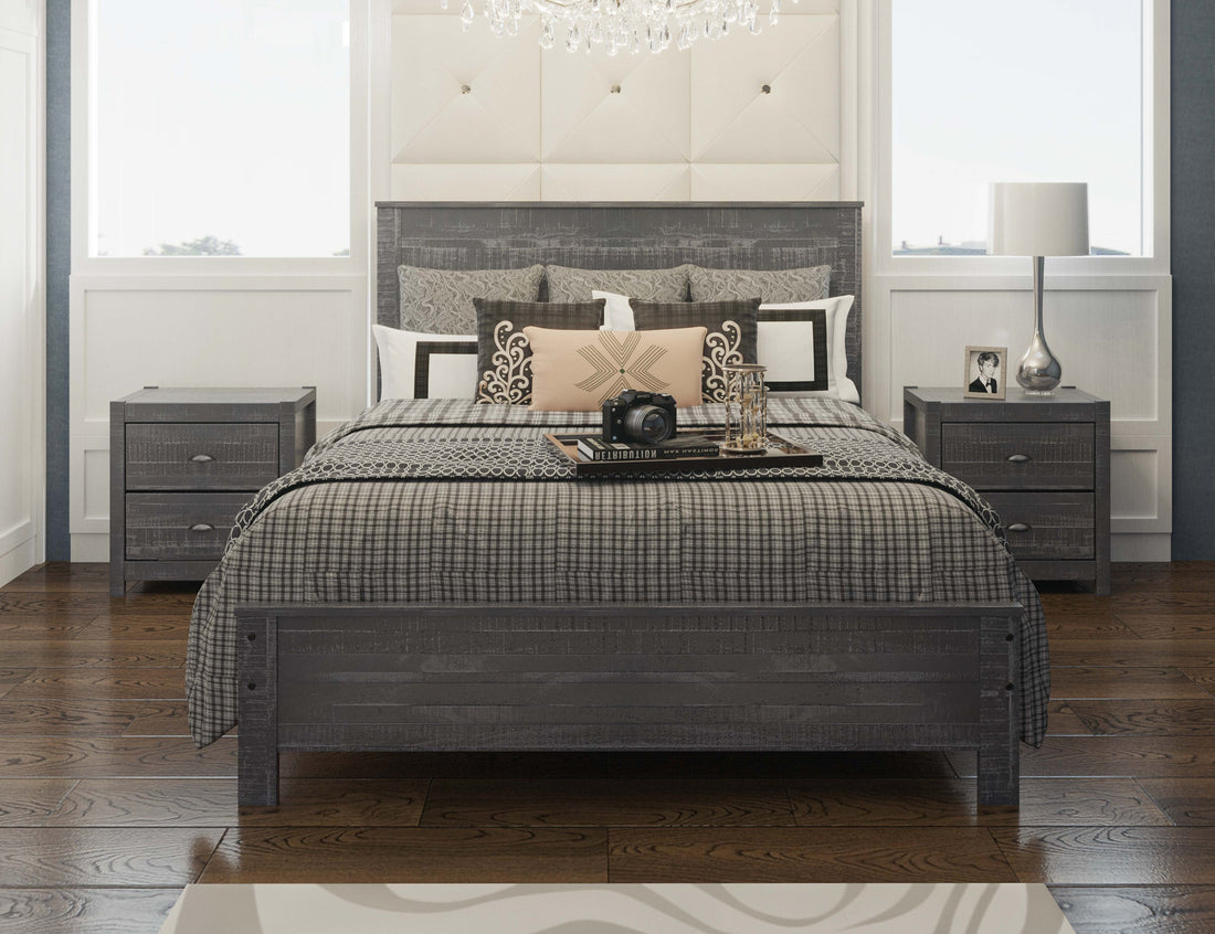 Albany 3 Piece Queen Bed Set, Heavy Duty Solid Wood Queen Size Bed Frame with Bedside Table Set of 2, Grey