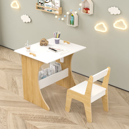 Table Set With 1 Chair, Multifunctional Study Table Convertible Top For Study Drawing &amp; Play - White