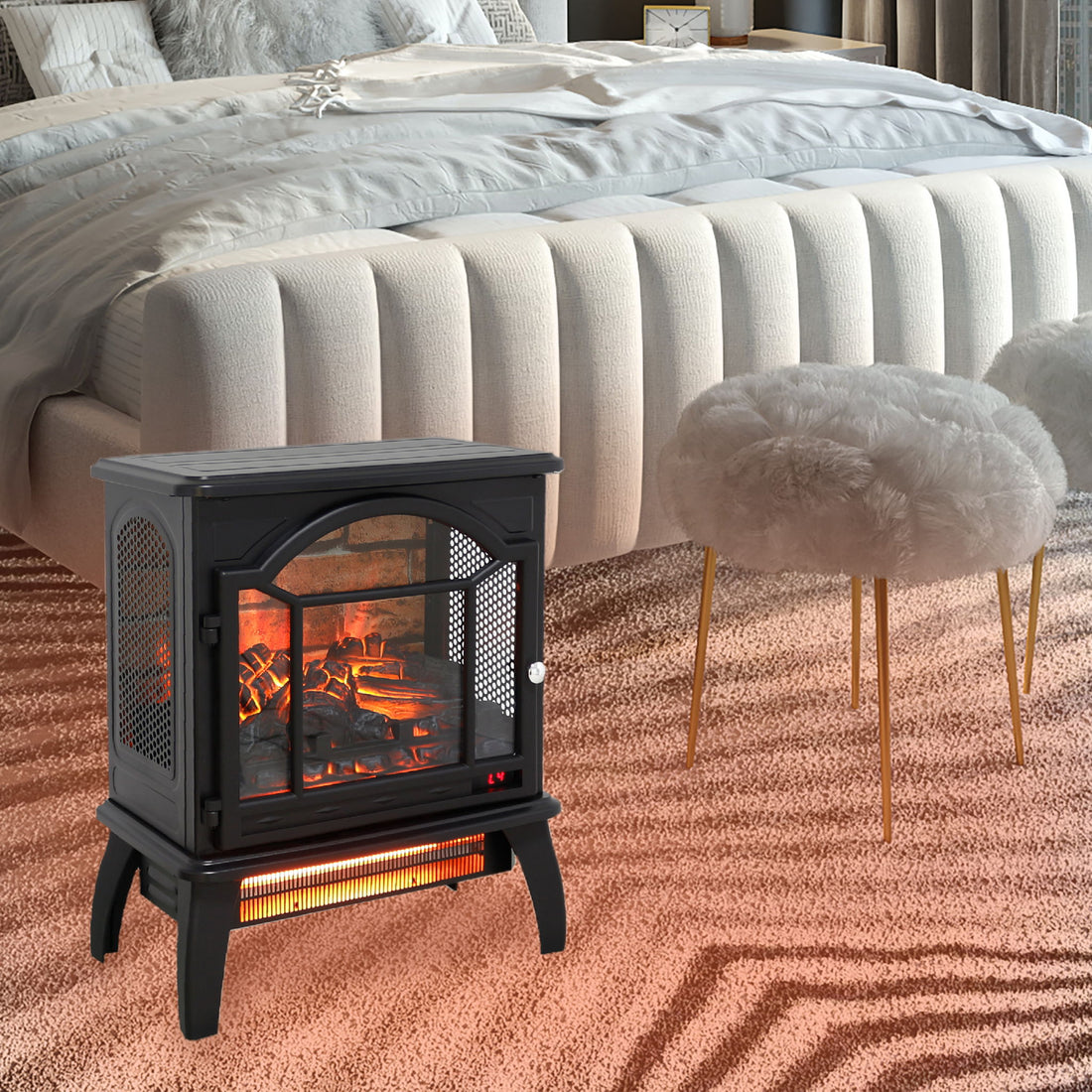 18" 3D Flame Electric Infrared Quartz Fireplace Stove &amp; Remote Control - Antique Black