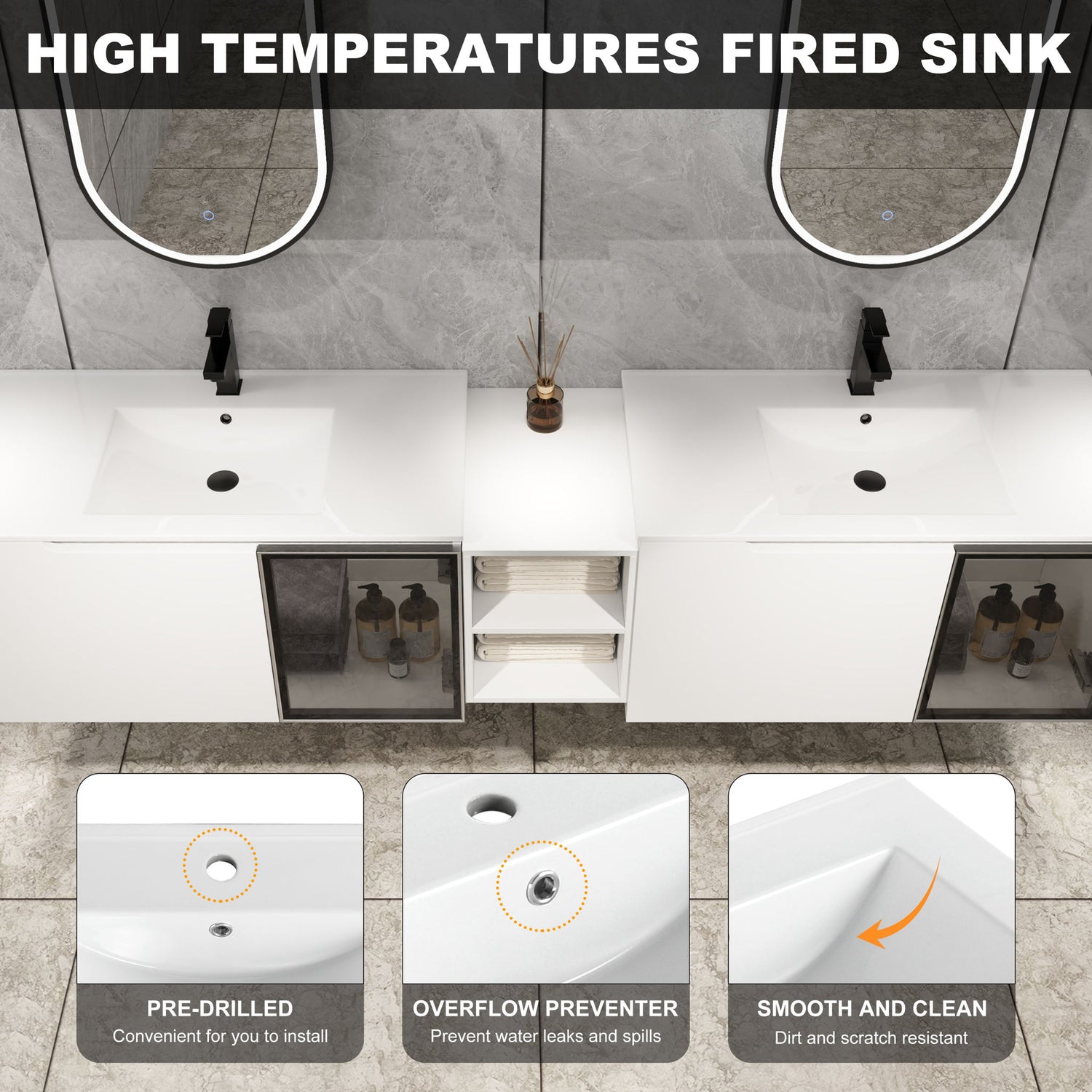 Wall Mounted Bathroom Vanity With Sink, Soft Close Doors, Cabinet &amp; Half Door