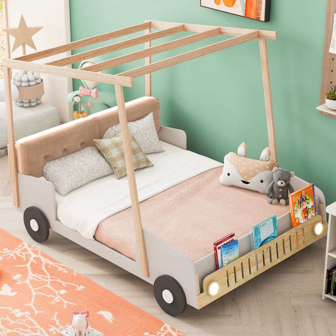 Twin Size Car Bed &amp; Pillow, Ceiling Cloth And LED - Natural