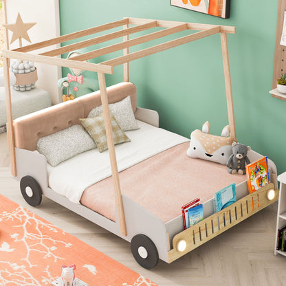 Twin Size Car Bed &amp; Pillow, Ceiling Cloth And LED - Natural