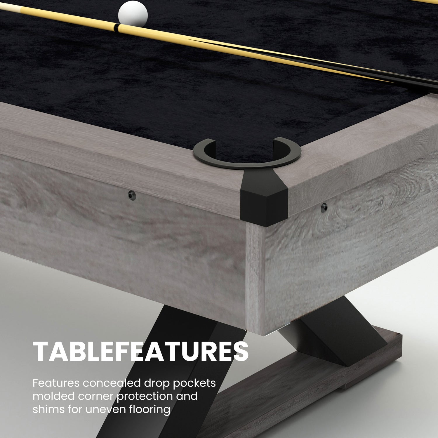 84&quot; Pool Table with Billiard Balls, Cues, Pool Cue Chalk, Cleaning Brush, X-Legs, Black Cloth, Rustic Grey,84.1&quot;L x 46.5&quot;W x 32&quot;H
