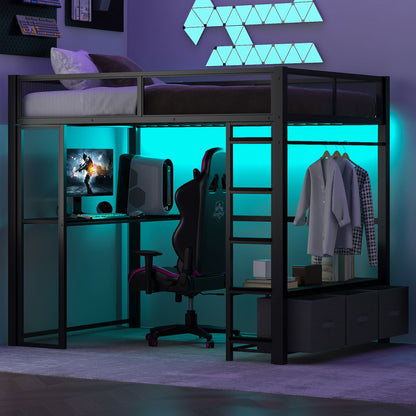 Full Size Gaming Loft Bed With LED Desk, Open Wardrobe, 3 Linen Storage Drawers - Black