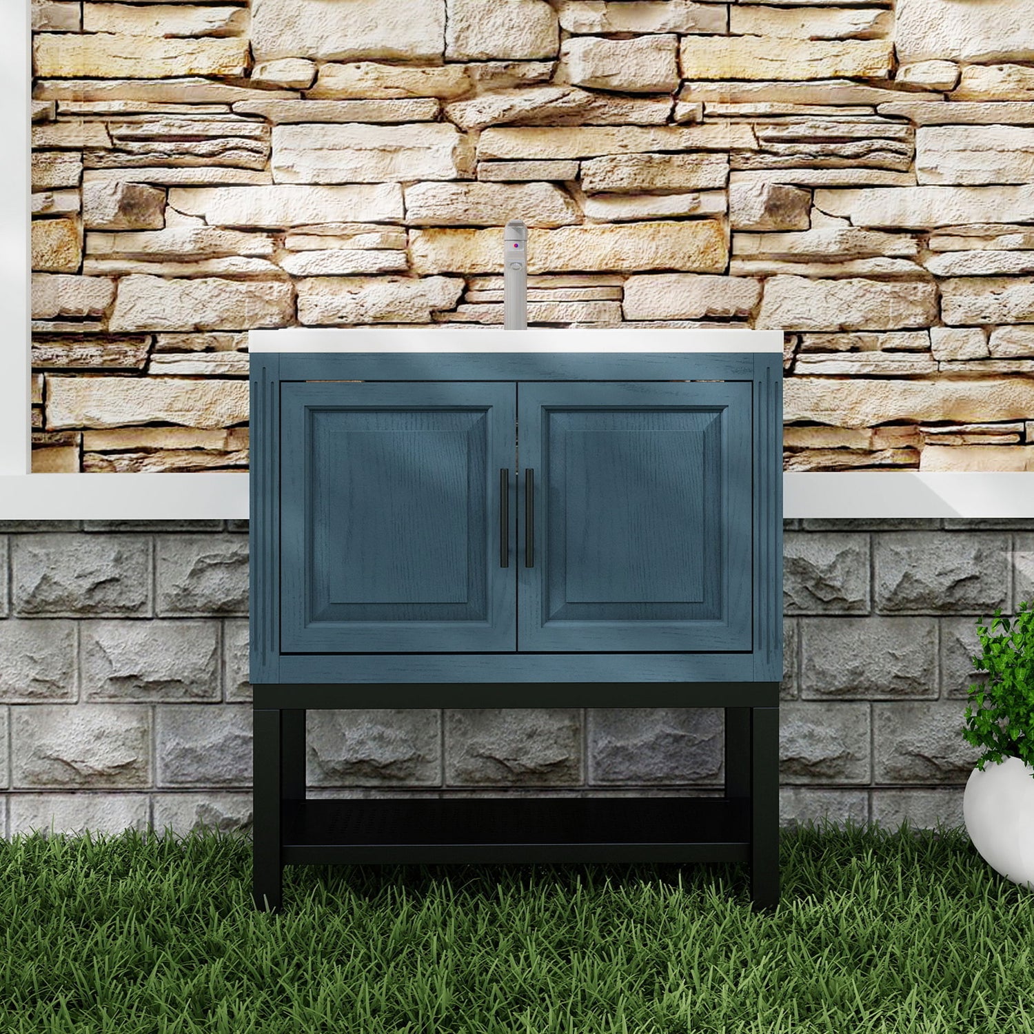 Modern Freestanding Bathroom Vanity With Ceramic Sink, Hot And Cold Faucet, Storage Cabinet &amp; Open Shelf
