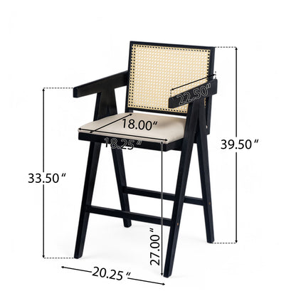 Woven Cane Plastic Backrest Bar Stool Foam Padded Fabric Seat &amp; Durable Rubberwood Frame - Cream Gray