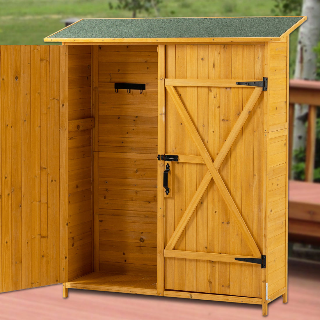 Outdoor Storage Shed With Lockable Door, Wooden Tool Storage Shed With Detachable Shelves &amp; Pitch Roof - Natural