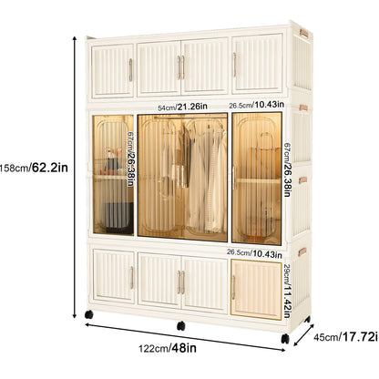 Portable Wardrobe Closet Storage Organizer With 12 Magnetic Doors, 12 Cubes &amp; Hanging Rod - White