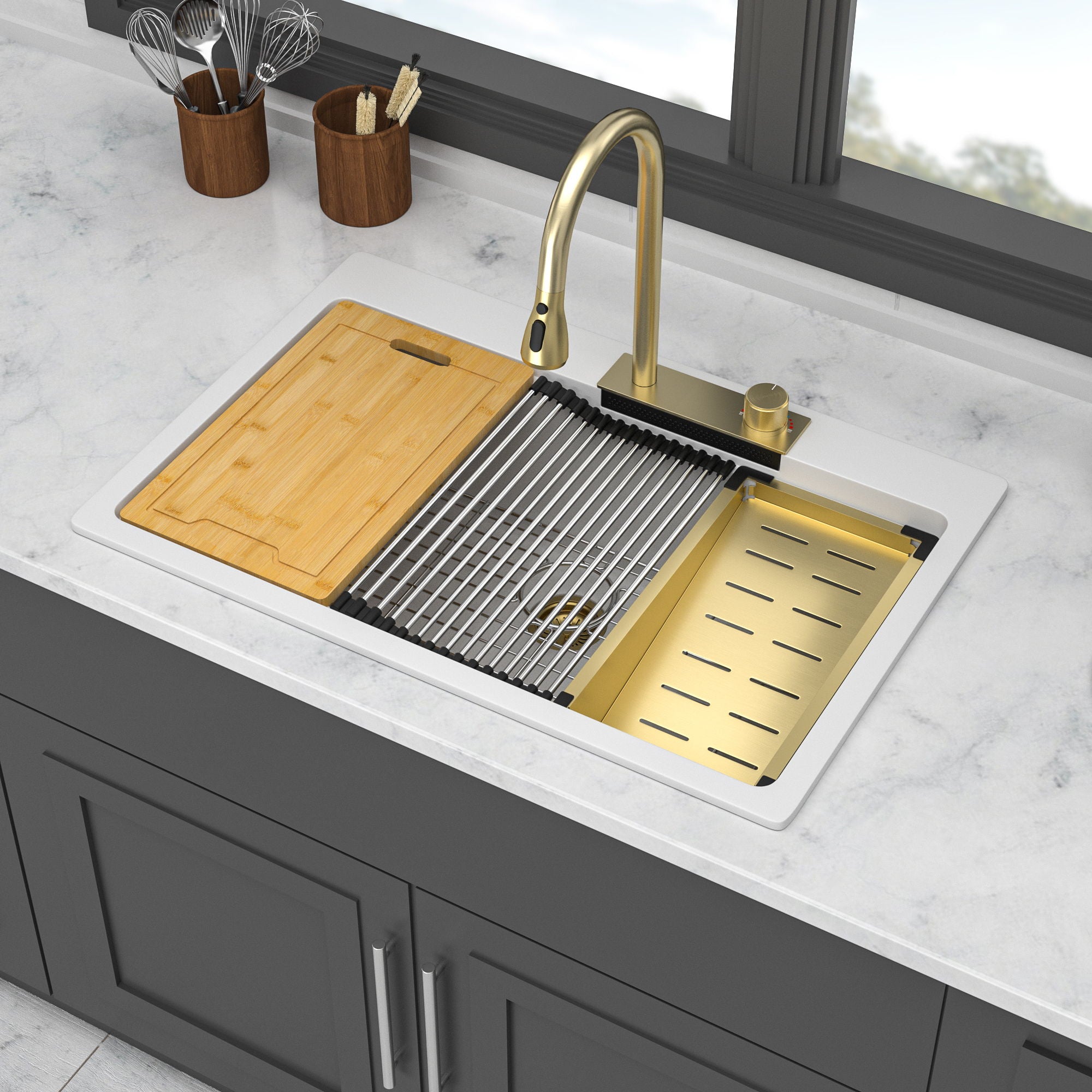 Waterfall Kitchen Sink With Pull Out Faucet &amp; Cup Washer