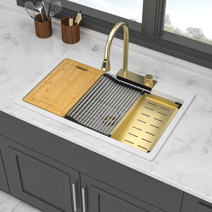Waterfall Kitchen Sink With Pull Out Faucet &amp; Cup Washer