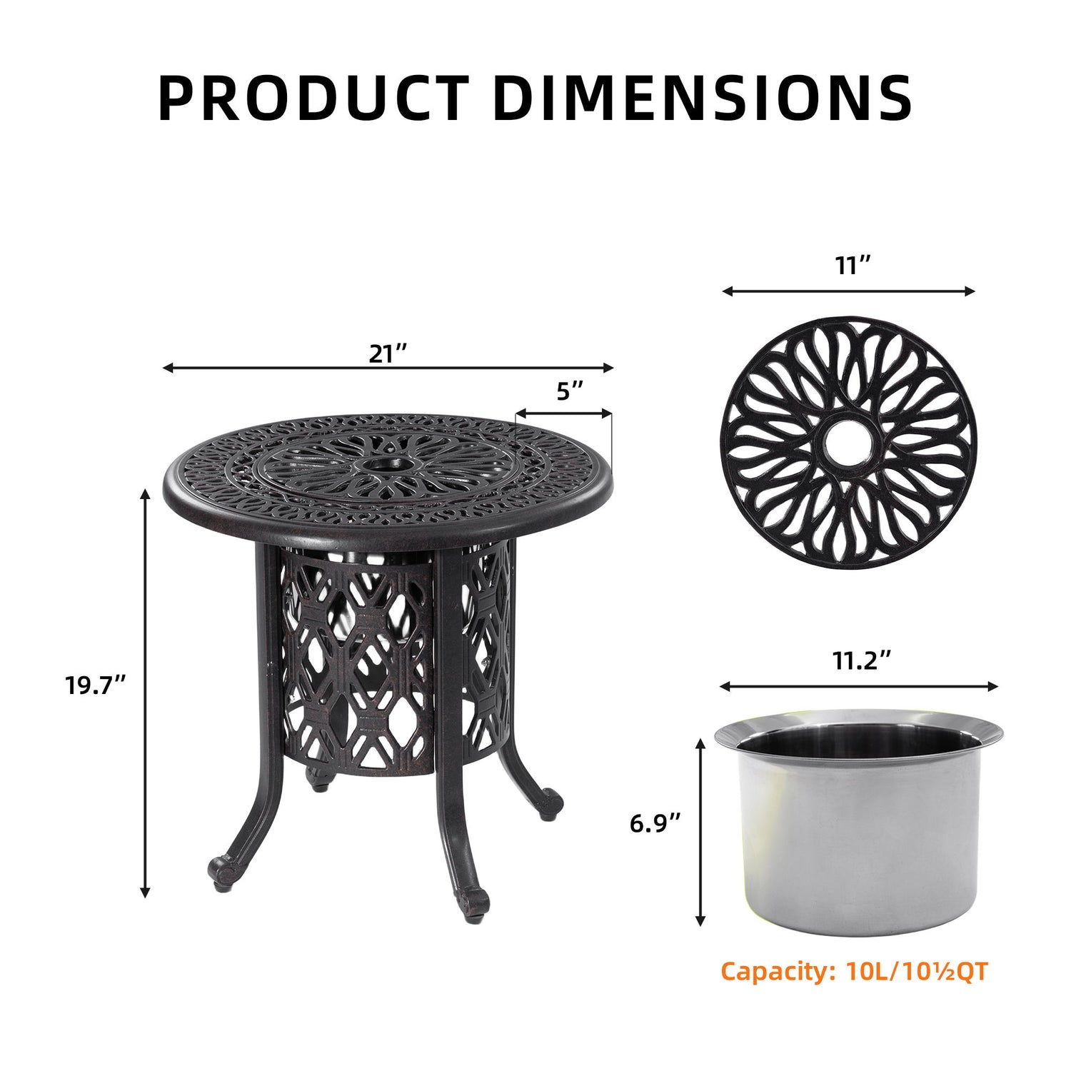 Side Table With Removable Ice Bucket, Hand Brushed Finish, Food Grade Bucket For Indoor &amp; Outdoor Use - Antique Bronze