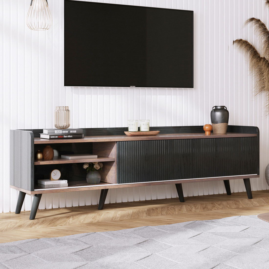 Mid Century TV Stand With 2 Cabinets &amp; Open Compartments, Entertainment Center For Tvs Up To 70&