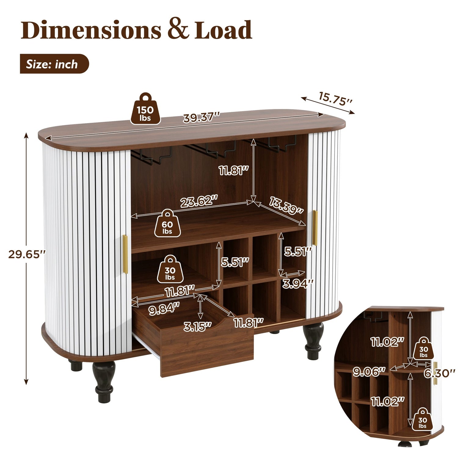 Fluted Liquor &amp; Coffee Bar Cabinet With 6 Wine Racks And 3 Glass Holders