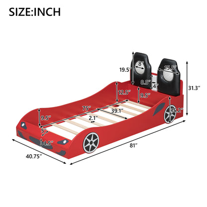 Race Car Shaped Platform Bed With LED And Upholstered Backrest In