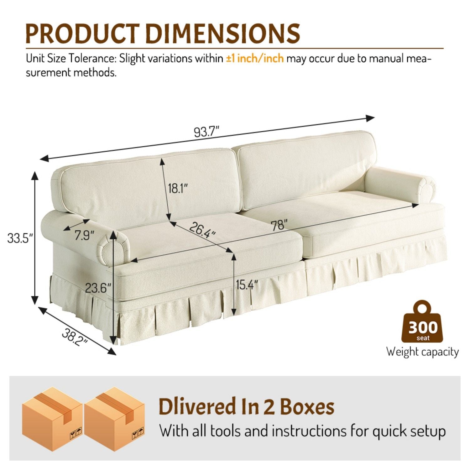 Luxuriously Comfortable Cloud Couch Sofa With Elegant Rolled Arms &amp; Pleated Skirt Design