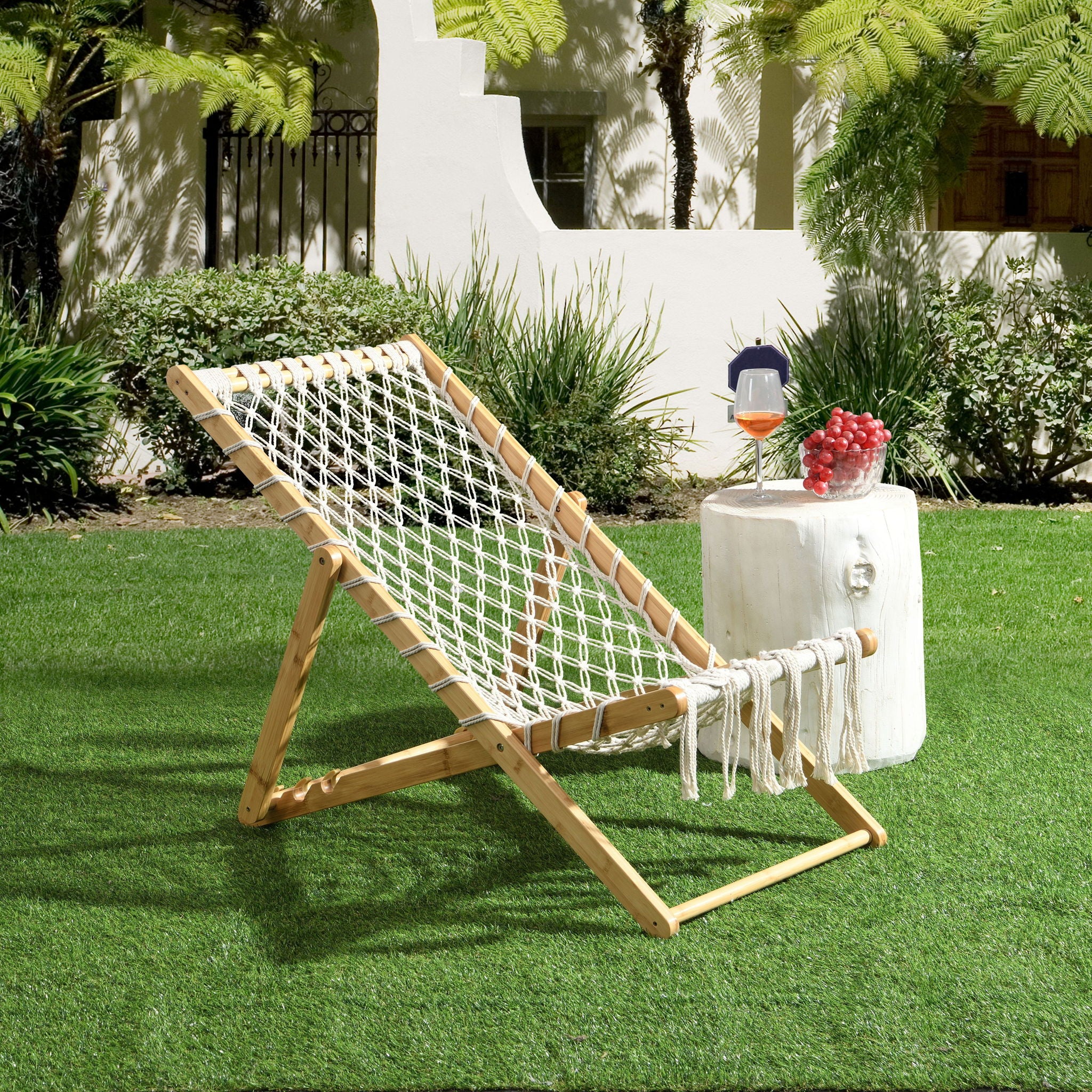 Bamboo Weaving Chair Set With Handwoven Rope For Patio And Living Spaces - Natural