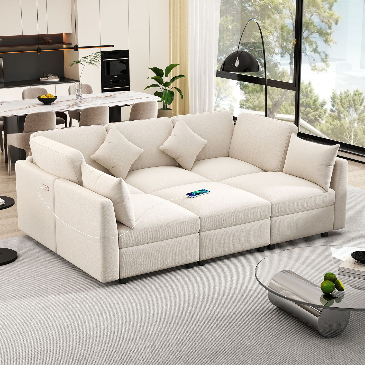 Sectional Sofa Modular U-Shaped With Ottoman &amp; USB Ports