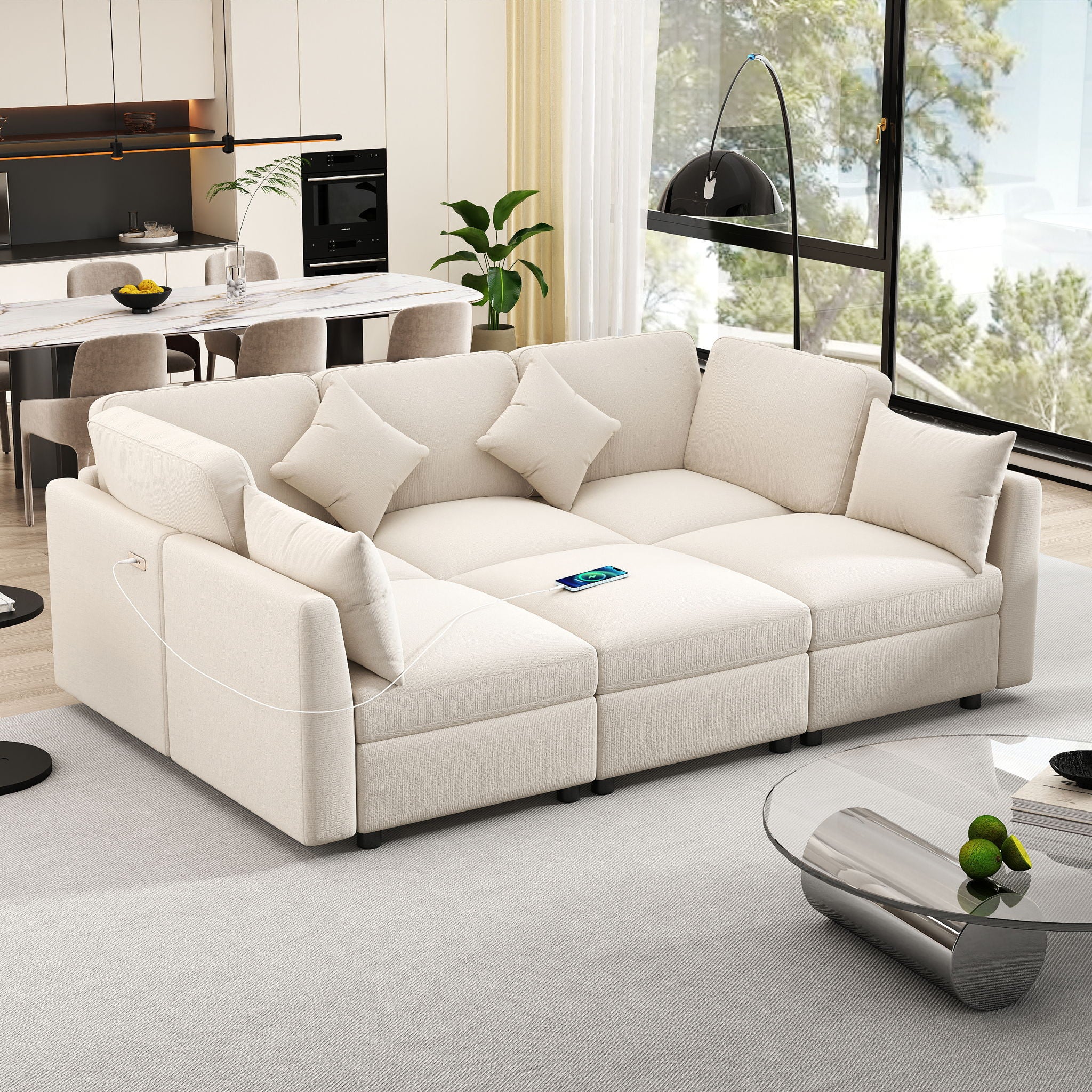 Sectional Sofa Modular U-Shaped With Ottoman &amp; USB Ports