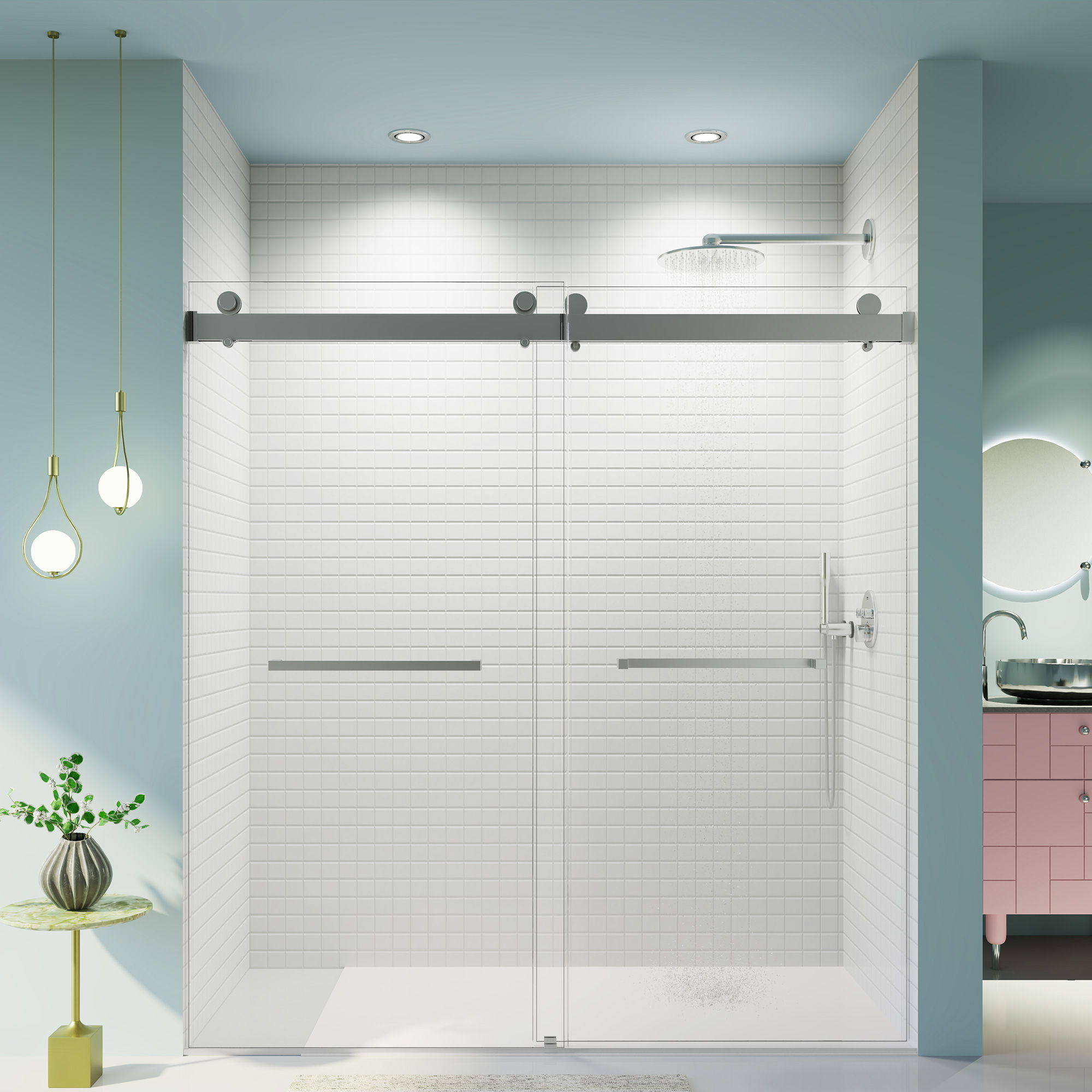 Frameless Double Sliding Soft Close Shower Door, Tempered Glass