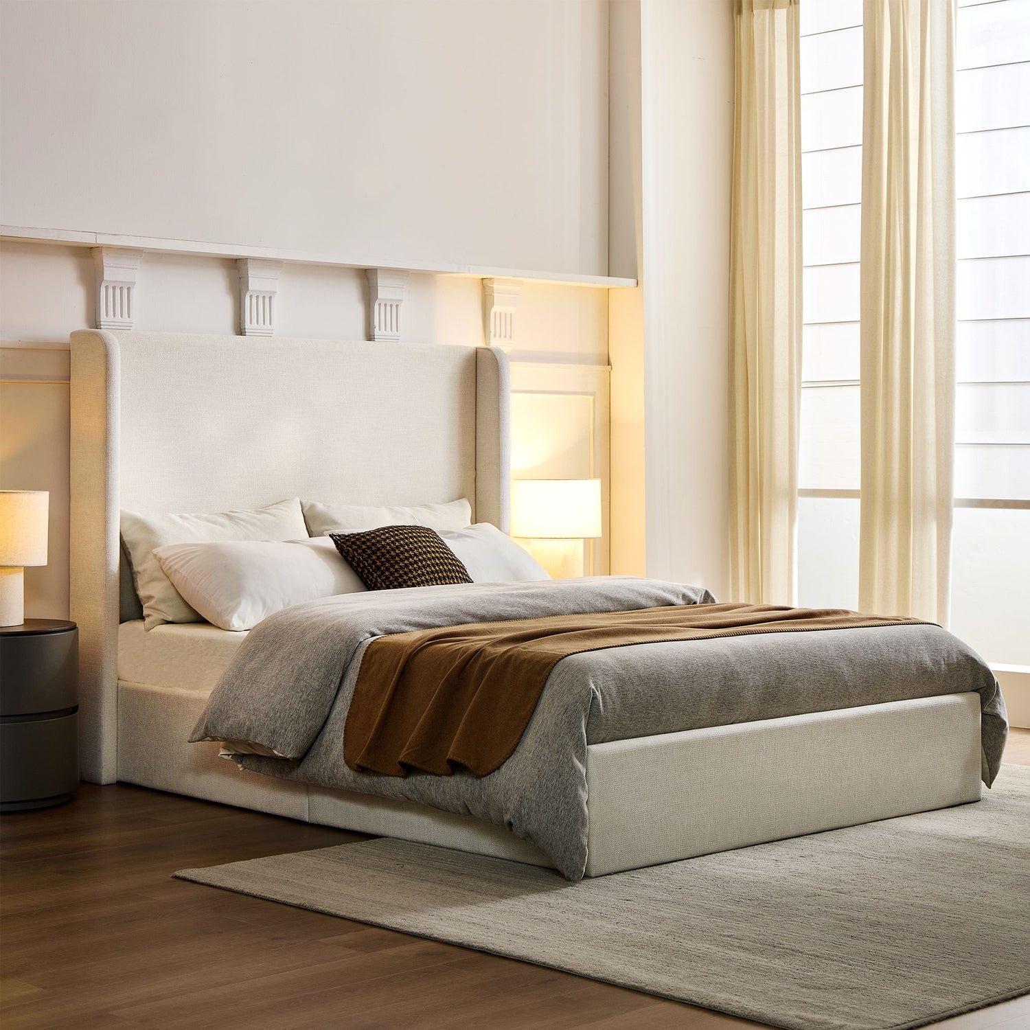 Caron - Upholstered Wingback Bed With High Headboard