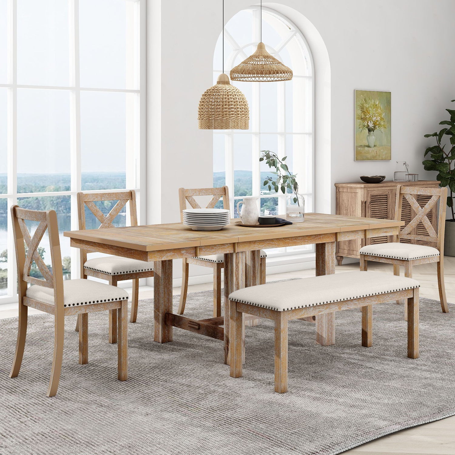 Topmax - 6 Piece Farmhouse Extendable Dining Table With Footrest, 4 Upholstered Dining Chairs And Dining Bench, Two 11&quot; Removable Leaf