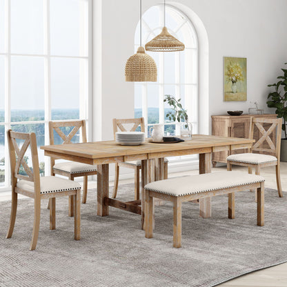 Topmax - 6 Piece Farmhouse Extendable Dining Table With Footrest, 4 Upholstered Dining Chairs And Dining Bench, Two 11&quot; Removable Leaf