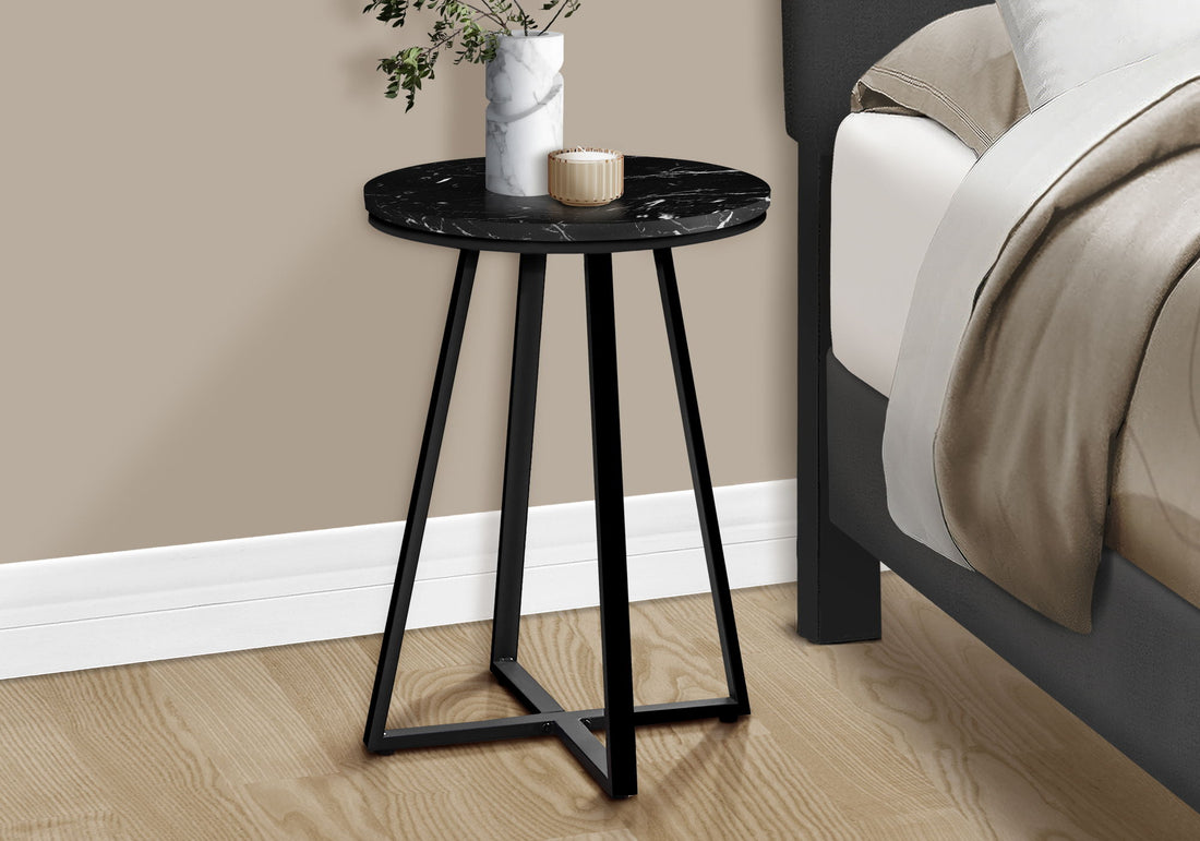 Accent Table, Side, Round Marble Look Contemporary &amp; Modern - Black
