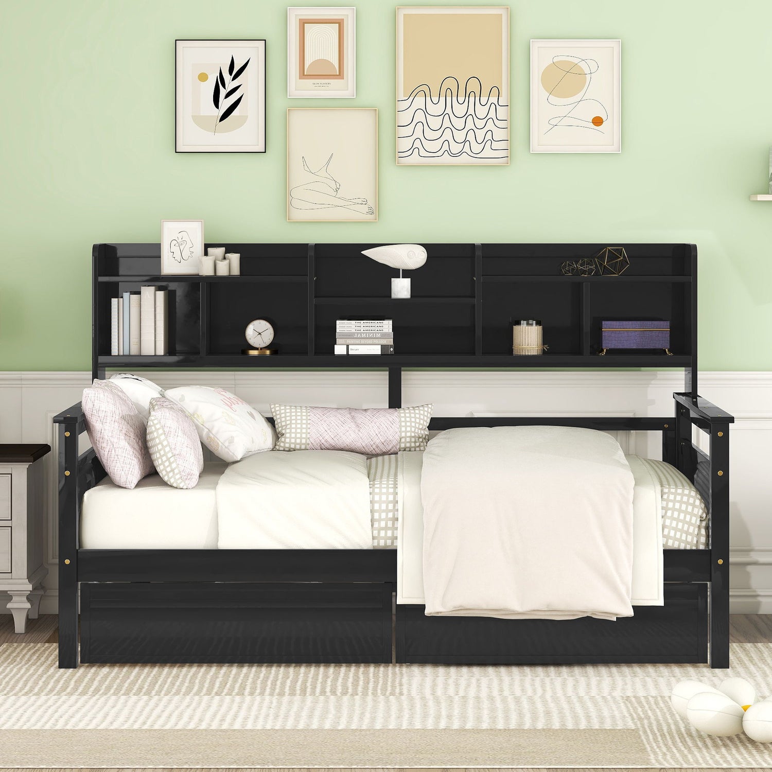 Daybed, Wood Slat Support, With Bedside Shelves And Two Drawers