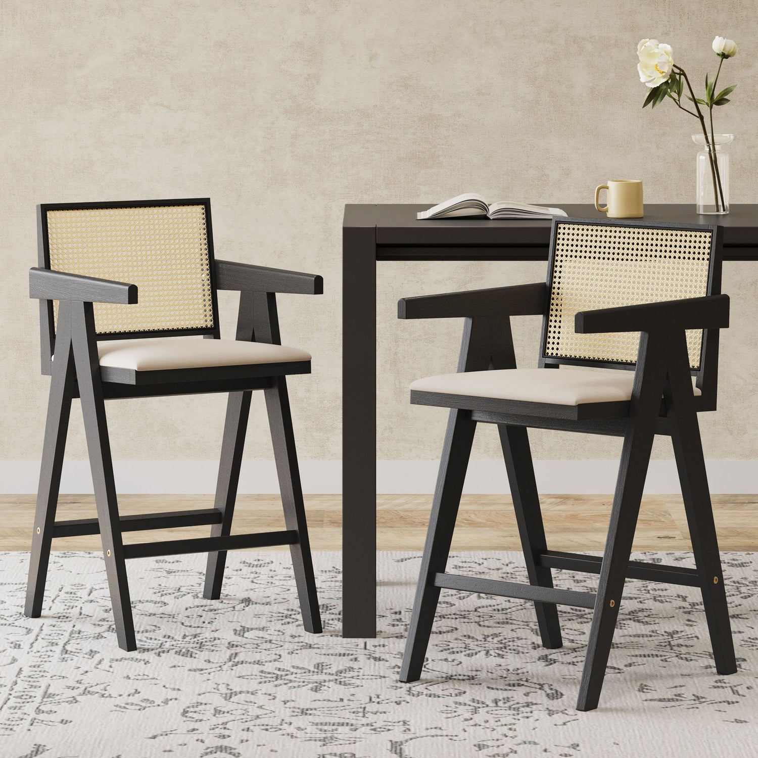 Woven Cane Plastic Backrest Bar Stool Foam Padded Fabric Seat &amp; Durable Rubberwood Frame - Cream Gray