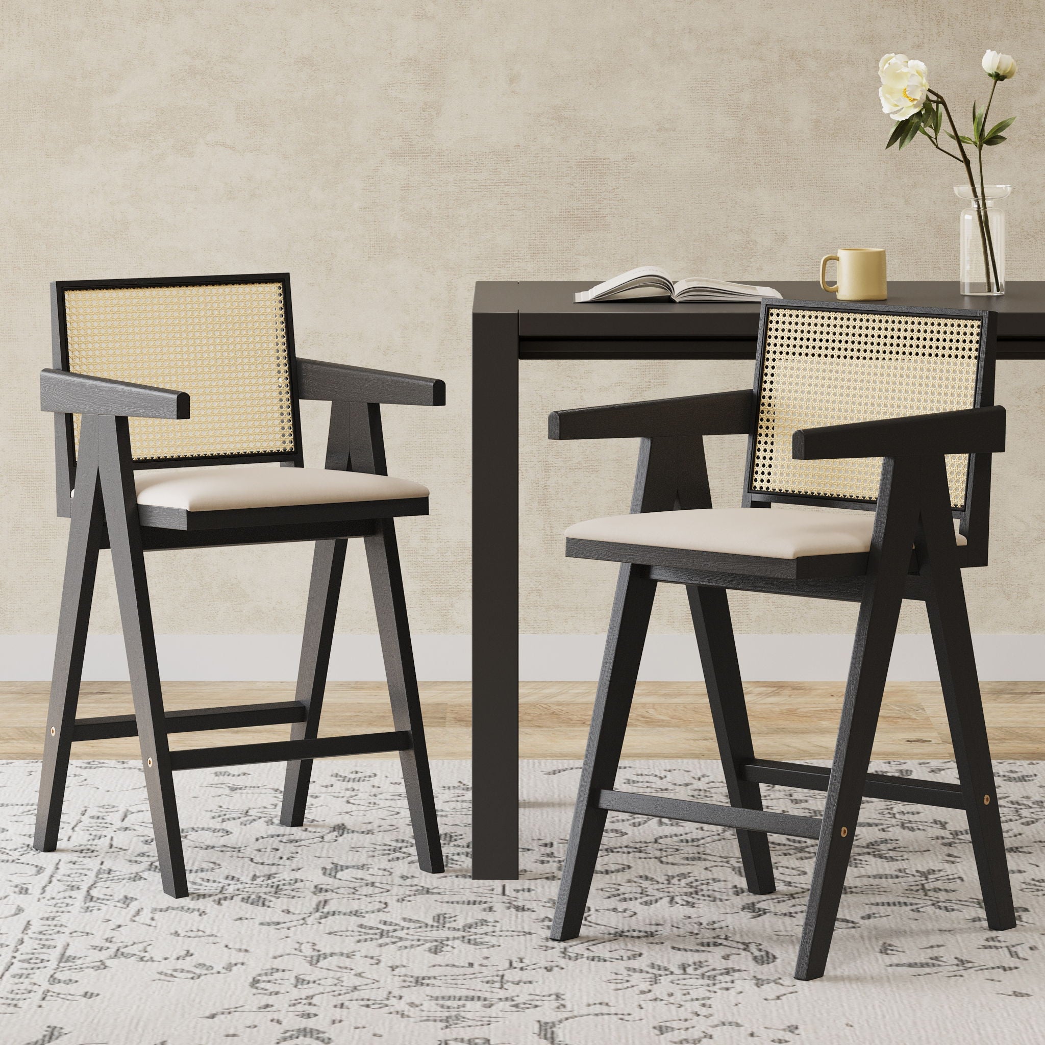 Woven Cane Plastic Backrest Bar Stool Foam Padded Fabric Seat &amp; Durable Rubberwood Frame - Cream Gray