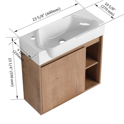 24" Wall Mounted Bathroom Vanity &amp; Sink &amp; Soft Close Door - Imitative Oak / White