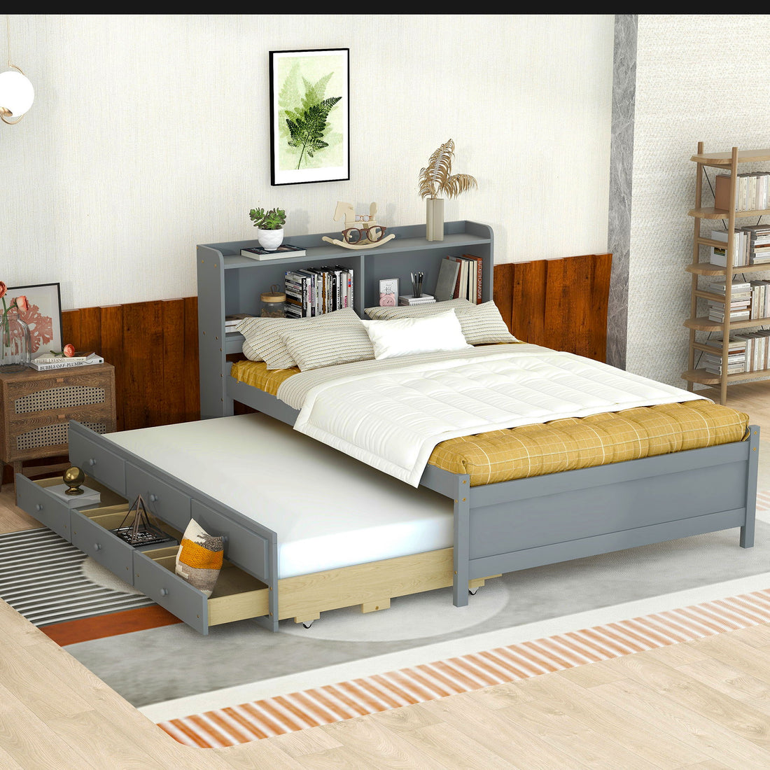 Bed With USB &amp; Type-C Ports, LED Light, Bookcase Headboard, Trundle And 3 Storage Drawers, Bed With Bookcase Headboard, Trundle And Storage Drawers