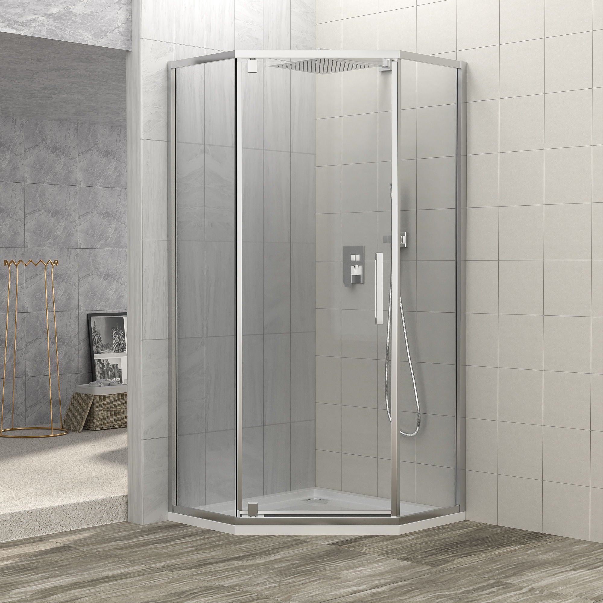 Diamond Shaped Corner Shower Door, Inward Sliding, Stainless Steel Frame