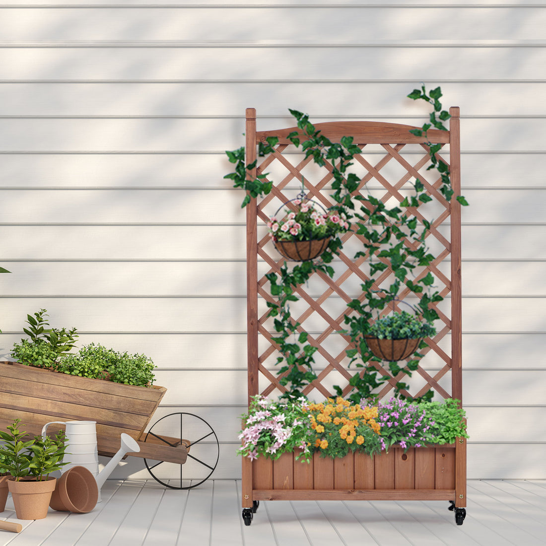 Raised Garden Bed With Trellis 2 Pack, Outdoor Planter Box &amp; Plant Stand With Climbing Racks - Brown