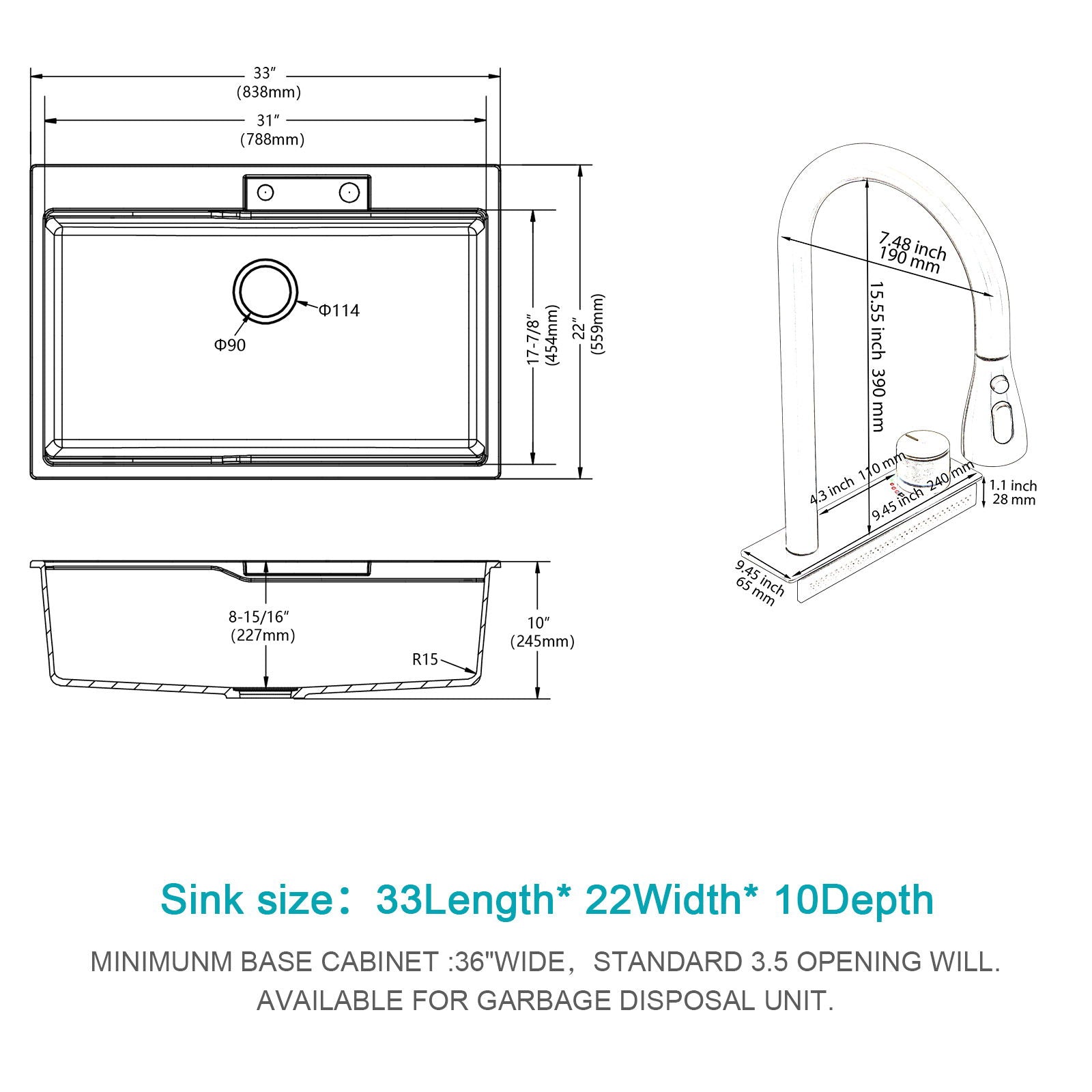 Waterfall Kitchen Sink With Pull Out Faucet &amp; Cup Washer