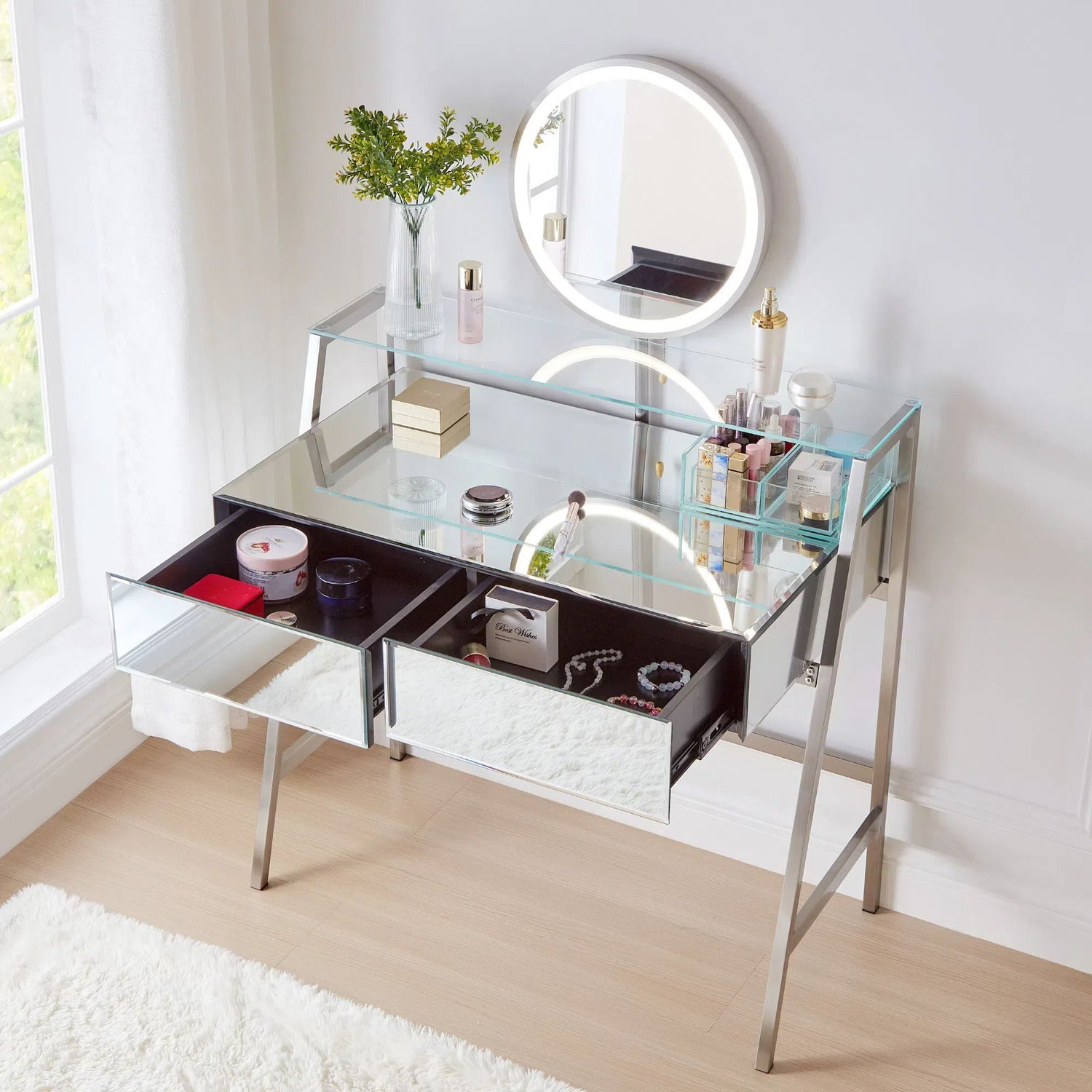 33.9&quot; Mirrored Makeup Vanity Desk With Mirror And Lights, Mirrored Console Vanity Table With 2 Big Drawers &amp; Open Shelf, Dressing Table With Charging Station For Bedroom - Silver