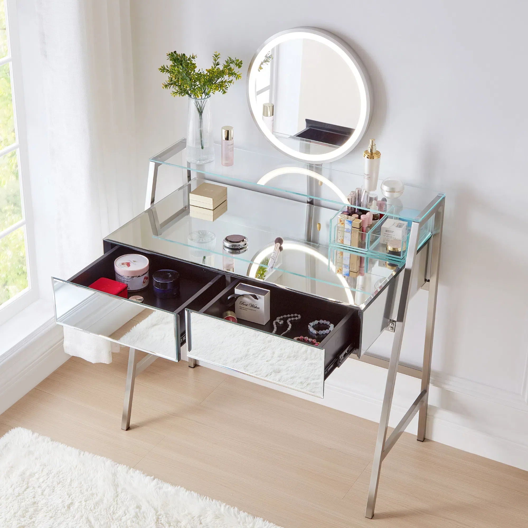 33.9&quot; Mirrored Makeup Vanity Desk With Mirror And Lights, Mirrored Console Vanity Table With 2 Big Drawers &amp; Open Shelf, Dressing Table With Charging Station For Bedroom - Silver