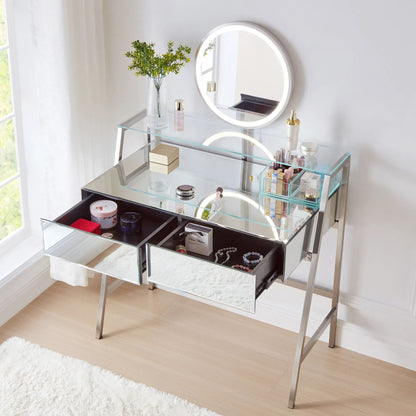 33.9&quot; Mirrored Makeup Vanity Desk With Mirror And Lights, Mirrored Console Vanity Table With 2 Big Drawers &amp; Open Shelf, Dressing Table With Charging Station For Bedroom - Silver