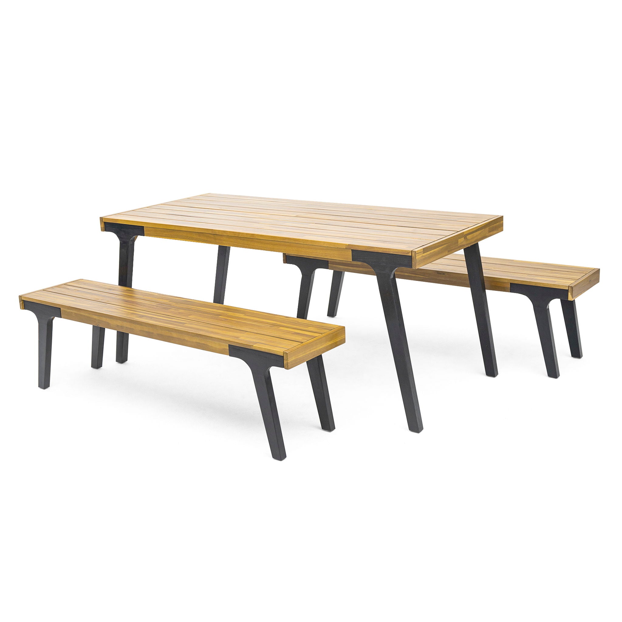 1 Dining Table &amp; 2 Dining Benches - Light Teak