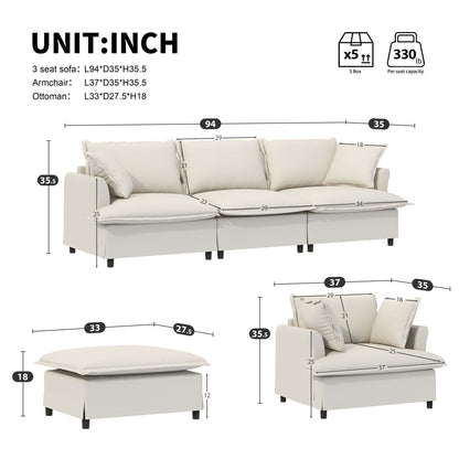 Living Room Set Modular Sectional Couch, Upholstered Sofa &amp; Armchair &amp; Movable Ottoman
