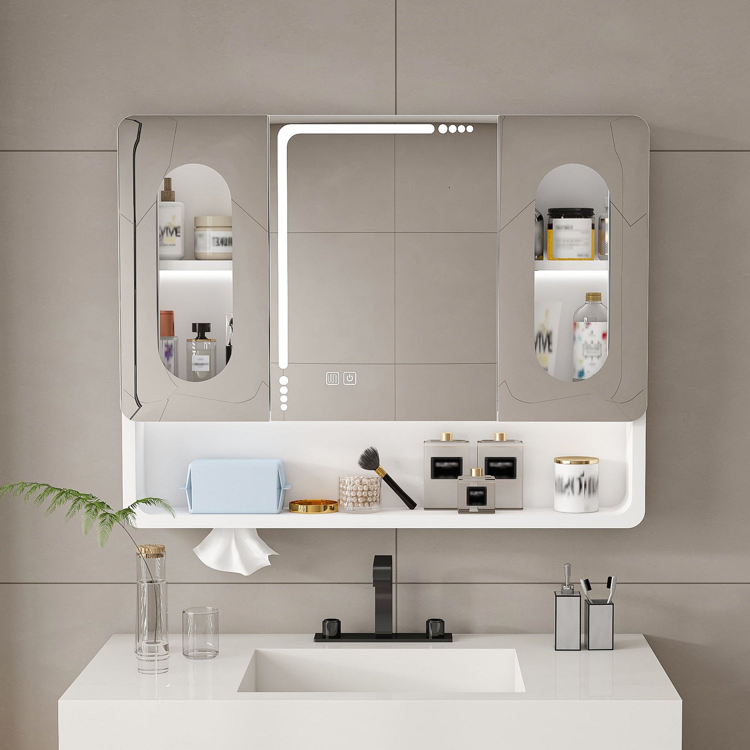Wall Mounted Bathroom Mirror Cabinet With LED Lights, Anti Fog &amp; Explosion Proof, Touch Control Medicine Cabinet, 3 Color Lighting - White